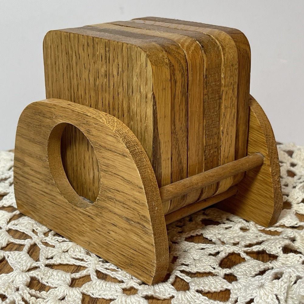 Wooden Cork Coaster Set & Holder 7 Piece Midwestern Retro Grandmacore Vintage